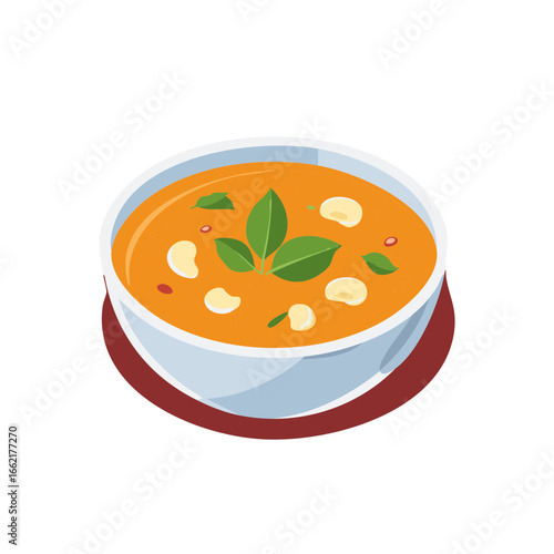 Isometric Illustration of Soup with Beans and Basil Leaves in a Bowl, vector-style vibrant soup with seasonings