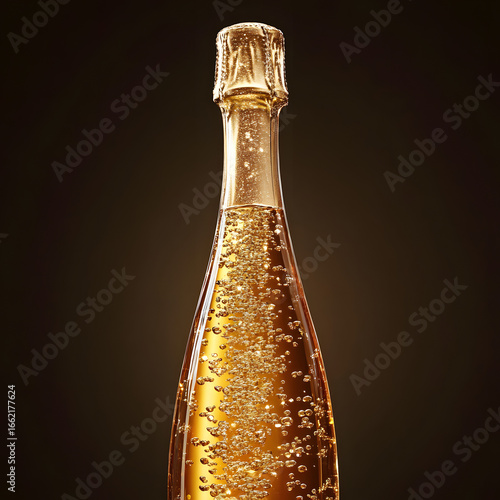 Champagne bottle with golden liquid splashing out, creating a dynamic and festive scene.