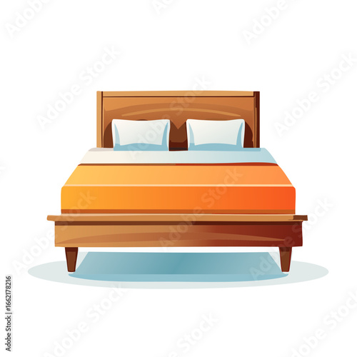 Illustration of wooden bed with two pillows and orange bedding on a white background