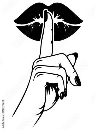 Lips and finger in playful shushing gesture, flirty feminine symbol of secrecy and intimacy, sensual  lighthearted romance, hidden desire and little secret shared with a smile