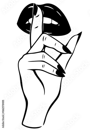 Lips and finger in threatening shushing gesture, silence, secrecy and control, abuse, forbidden power, hidden knowledge and secret society code, gesture of domination and suppressed voice