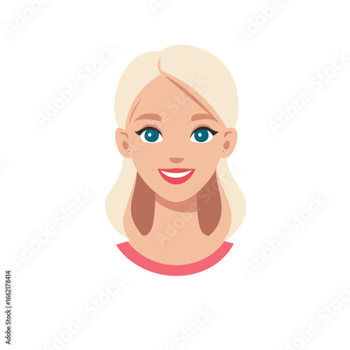 Isolated cartoon illustration of a smiling woman with blonde hair and red lipstick wearing a pink top. Vector flat design avatar of a female character