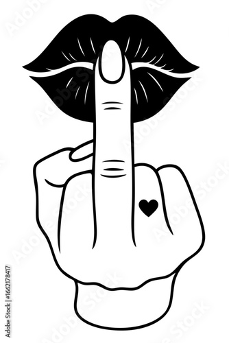Sexy Lips with Middle Finger Gesture and Small Heart Tattoo on Hand, Bold Feminine Symbol of Rebellion and Attitude
