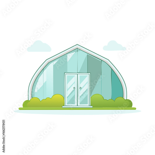 Cartoon style illustration of modern glass building with double doors and green shrubbery