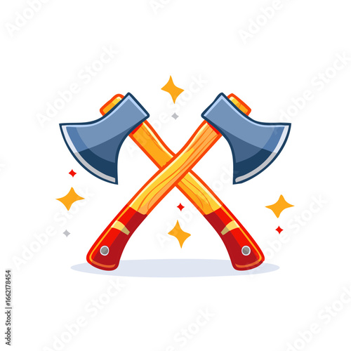 Two Cartoon Axes Crossed Shiny Blades Wood Handles Iconography Firewood Lumberjack