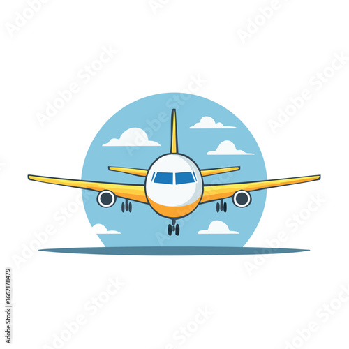 Cartoon Airplane Flying in Blue Sky Ready to Land with Landing Gear Down, Aviation Design