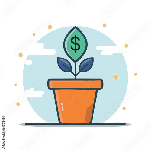 Illustration of Growing Currency Plant in Pot Symbolizing Financial Growth