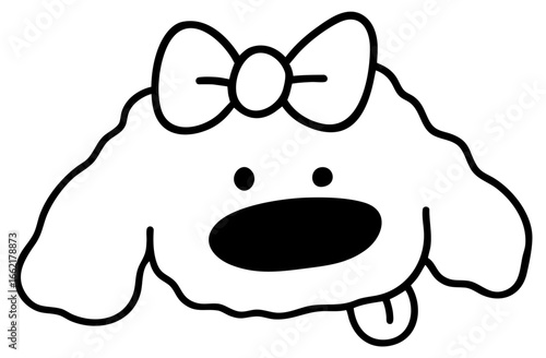 Cute poodle dog face with curly fur and bow, veterinary help, adoption shelter and healthy dog food