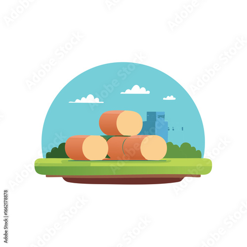 Hay Bales Stacked on Green Field with Distant City Skyline Under a Sunny Blue Sky With Light Clouds
