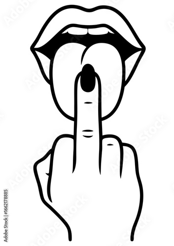 Middle finger lips gesture with tongue symbolizing flirt, shh silence, intimacy and provocative expression