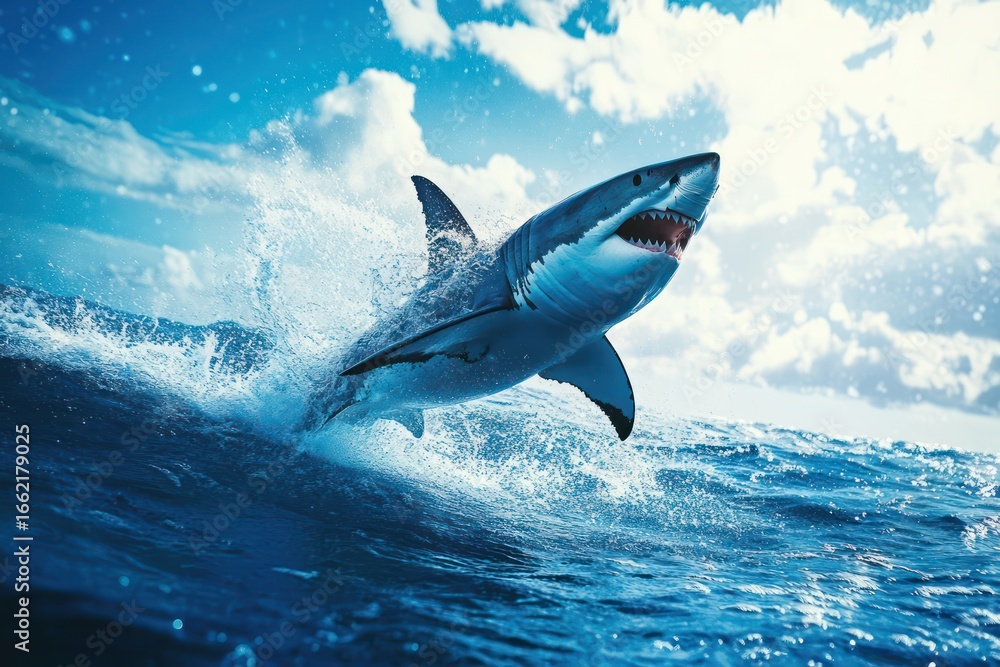 Obraz premium Great White Shark Jumping Out of Deep Blue Ocean