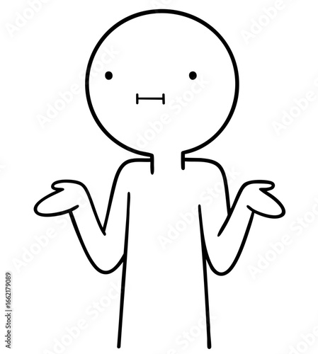 figure character with raised shoulders and hands in shrugging pose, showing helplessness, indifference, surrender or casual acceptance of situation, simple emoticon for memes, chat reactions and socia