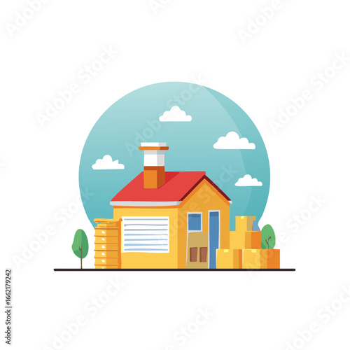 Stylized Home Illustration with Moving Boxes Ready for Home Relocation and New Beginnings