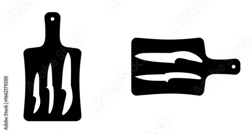 Kitchen cutting boards with knives silhouette, cooking utensils for food preparation