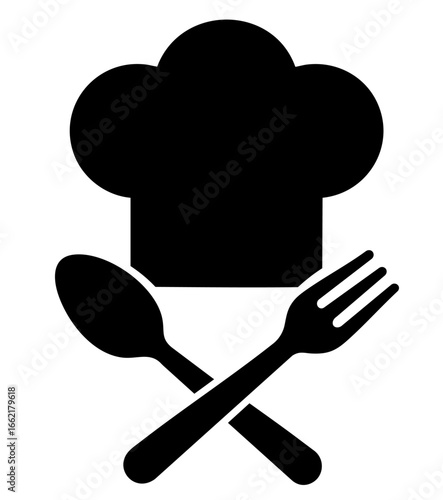 Chef hat with crossed fork and spoon silhouette symbol of restaurant, dining and culinary services