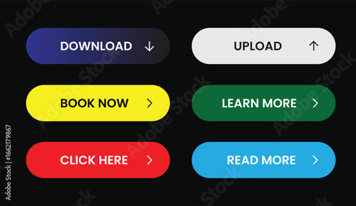 download upload book now learn more read more click here web icon label vector illustration design dark blue dark gray gradient light gray yellow luxury green red light blue shapes black background