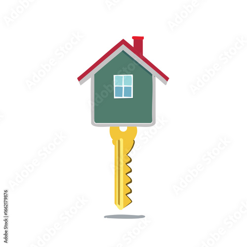 Cartoon house and key icon with roof, window, and chimney to represent homeownership or real estate, isolated.