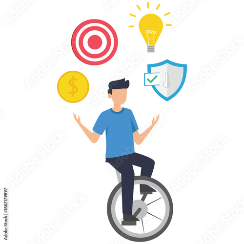 Flat illustration of skillful businessman riding unicycle while juggling laptop calendar idea email bullseye alarm clock productivity and multitasking stock illustration