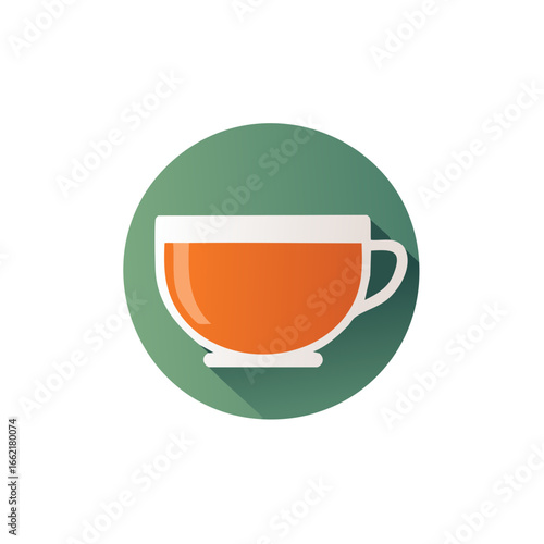 Tea cup icon with green circle shape. Tea time beverage, flat design vector illustration. Modern style with long shadow effect