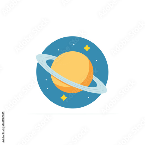 Planetary illustration depicting a ringed planet in a colorful outer space scene with stylized stars