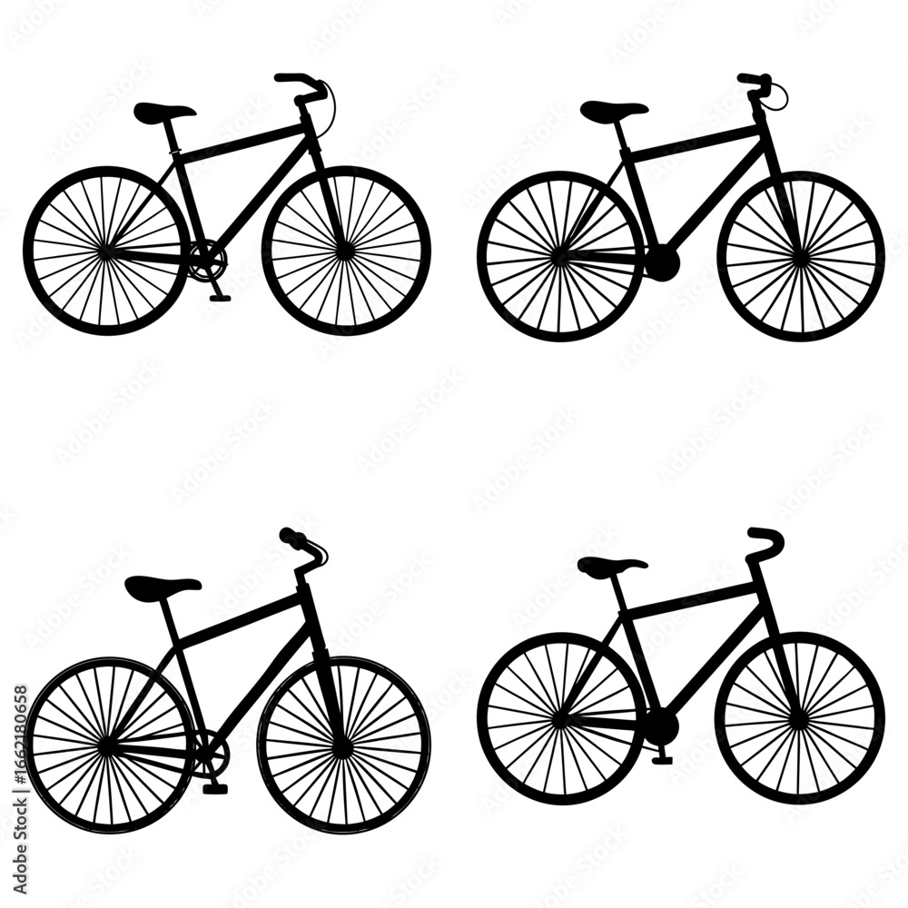 Obraz premium Four bicycle silhouettes arranged in a square pattern on a white background showing different handlebar styles