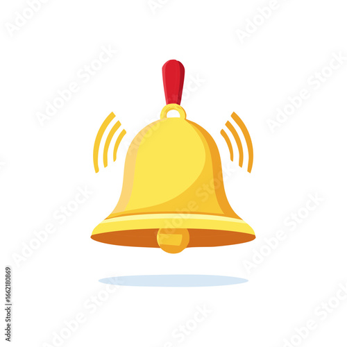 Ringing Golden Bell with Red Handle Cartoon Illustration, Sound Waves Emitting from Musical Instrument