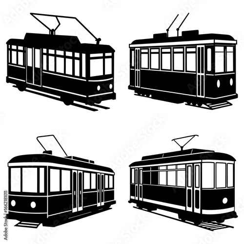 Four black and white illustrations of vintage trams with overhead electrical power collection systems