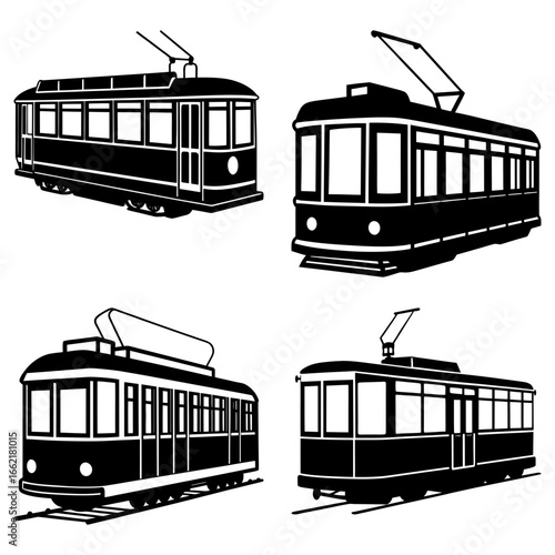 Four black and white vintage trams with different designs and overhead power collection systems shown