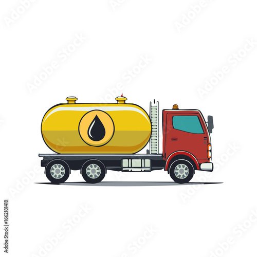 Illustration of a Red Oil Tanker Truck with Yellow Tank Oil Drop Symbol Isolated on White for Transportation Needs
