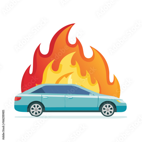Car Accident on Fire,  Vehicle Insurance Claim, Safety, Financial Loss and Auto Repair Concept