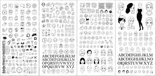 Collection of various hand drawn style icons and alphabets including faces flowers and other miscellaneous items