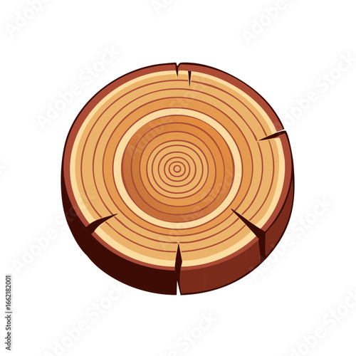 Cartoon Style Cross Section of Tree Trunk with Growth Rings Detailed Wood Texture and Cracks Isolated Cut Lumber