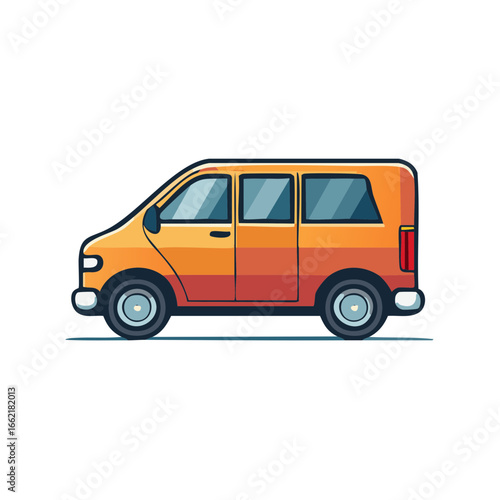 Illustration of an orange and red minibus van with windows and wheels on white. Vector drawing of transport vehicle.