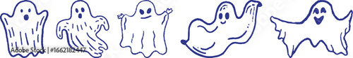 Hand-drawn Halloween ghost set vector illustration on transparent background with whimsical cartoon spirits in doodle sketch style, ink stamp texture for decoration, party invitations, seasonal design