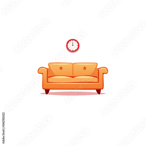 Orange sofa and clock on wall in living room, interior design, home decor, domestic life, furniture