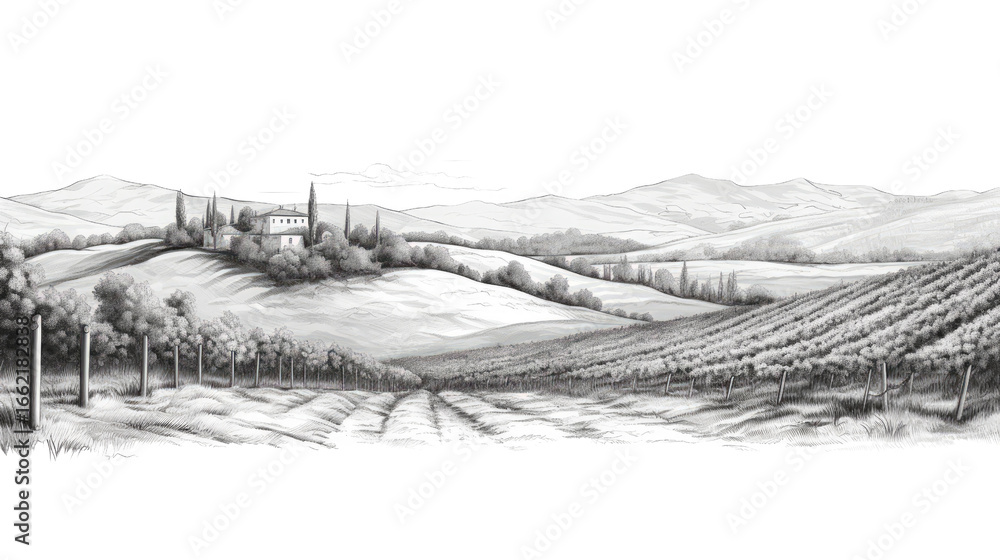 Fototapeta premium Hand drawn Tuscany vineyard landscape illustration on white background