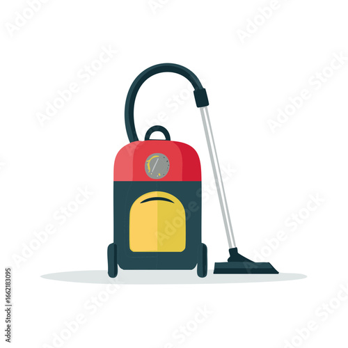 Compact vacuum cleaner with hose and wheels for home cleaning, flat vector illustration design of domestic appliance