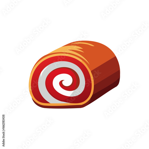 A Rolled Cake Slice with Cream Filling, Delicious Pastry with Red and White Swirl
