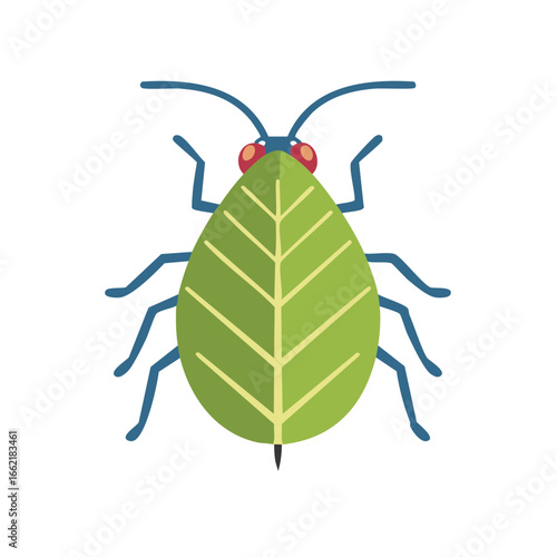 Cartoon Vector Aphid with Leaf Body and Blue Limbs, Red Eyes and Antennae