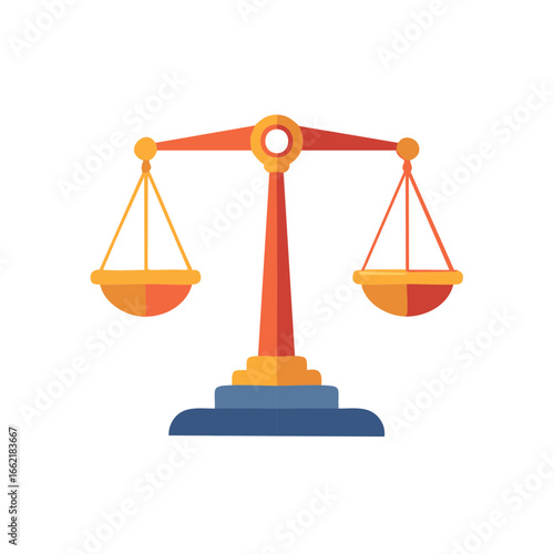 Colorful scales of justice balanced on a blue base representing law, fairness, and equality, isolated on white.