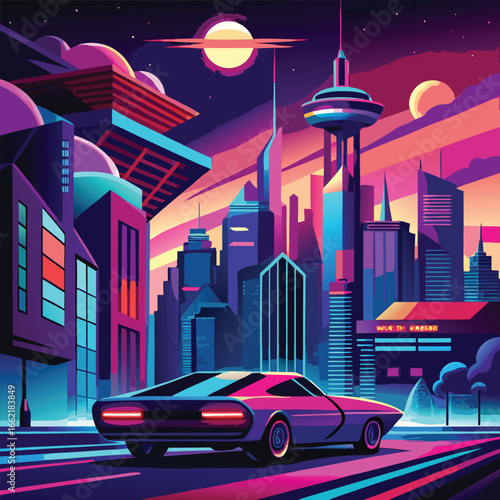 Retro teal car drives through a stylized cityscape at night