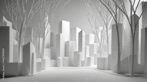 Minimalist monochromatic paper cityscape model with block buildings and stylized leafless branch trees in clean abstract geometric design 4K