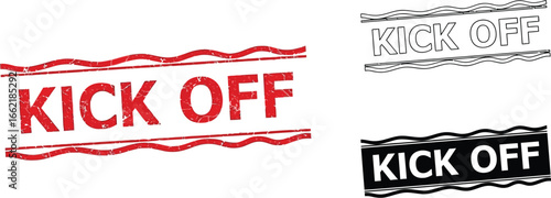 Illustration of kick off text in red black and outline versions