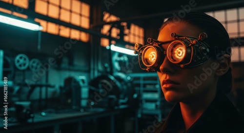 Woman with steampunk goggles in workshop, looking determined