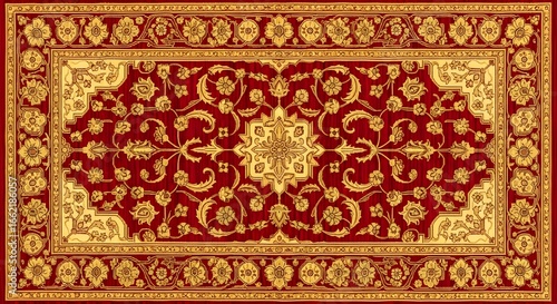 Ornate Red and Gold Persian Carpet Design, Intricate Floral Pattern.