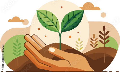 Hand gently holds a sprouting plant seedling