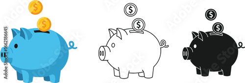 Three piggy bank variations with coins falling into the coin slots