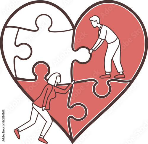 Couple working together to complete a heart puzzle, symbolizing unity and connection