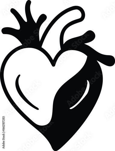 Stylized black and white illustration of a human heart with a graphic, modern feel.