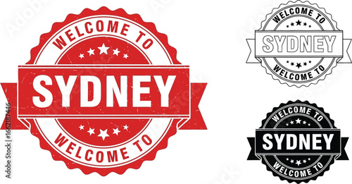 Three sydney welcome seals in red black and white color schemes